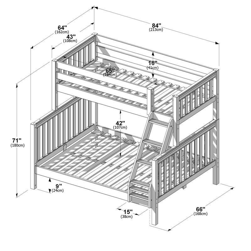 Technical assembly diagram of a wooden bunk bed with ladder, guardrails and slatted mattress supports, showing detailed bunk bed dimensions and measurements in inches and centimeters for assembly and room planning