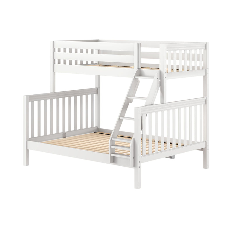 White wooden loft bunk bed with ladder and slatted guardrails, twin-over-full kids bed frame with visible natural wood slats, modern nursery bedroom furniture