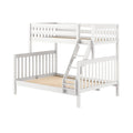 White wooden loft bunk bed with ladder and slatted guardrails, twin-over-full kids bed frame with visible natural wood slats, modern nursery bedroom furniture