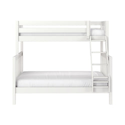 White wooden bunk bed with ladder and white bedding on a plain background, modern loft-style bunk ideal for kids' bedroom