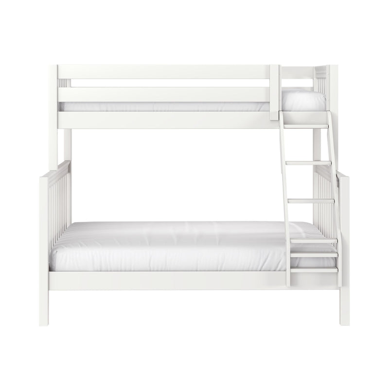 White wooden bunk bed with ladder and white bedding on a plain background, modern loft-style bunk ideal for kids' bedroom