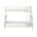 White wooden bunk bed with ladder and white bedding on a plain background, modern loft-style bunk ideal for kids' bedroom