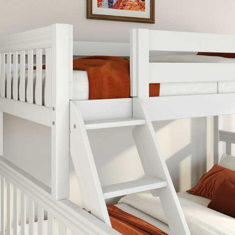 White wooden twin-over-twin bunk bed with built-in ladder and rust-orange bedding in a modern kids' bedroom, farmhouse style
