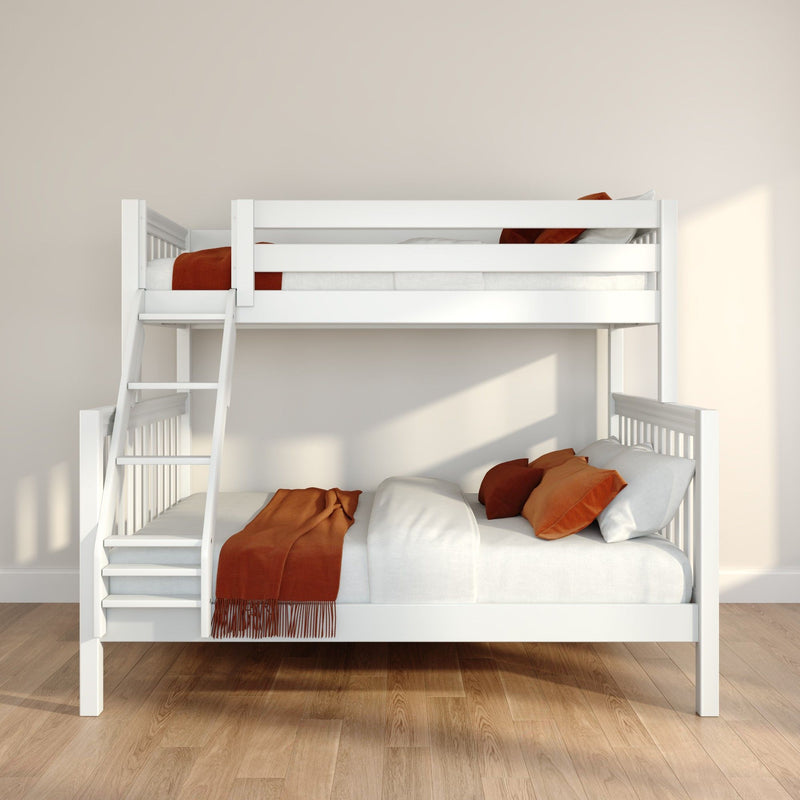 White wooden bunk bed with ladder, cozy orange throw pillows and blanket, minimalist kids bedroom bathed in natural light on hardwood floor
