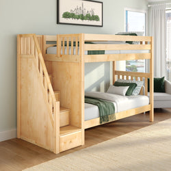 Natural wood loft bunk bed with staircase and built-in storage in a modern kids' bedroom, green and white bedding, city-view window and framed skyline wall art