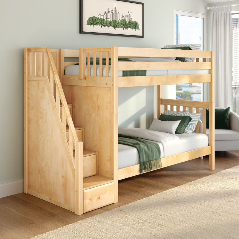 Natural wood loft bunk bed with staircase and built-in storage in a modern kids' bedroom, green and white bedding, city-view window and framed skyline wall art