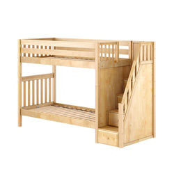 Solid wood bunk loft bed with staircase and built-in storage drawers in natural maple finish for kids' bedroom
