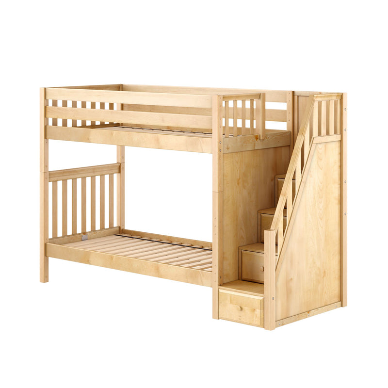 Solid wood bunk loft bed with staircase and built-in storage drawers in natural maple finish for kids' bedroom