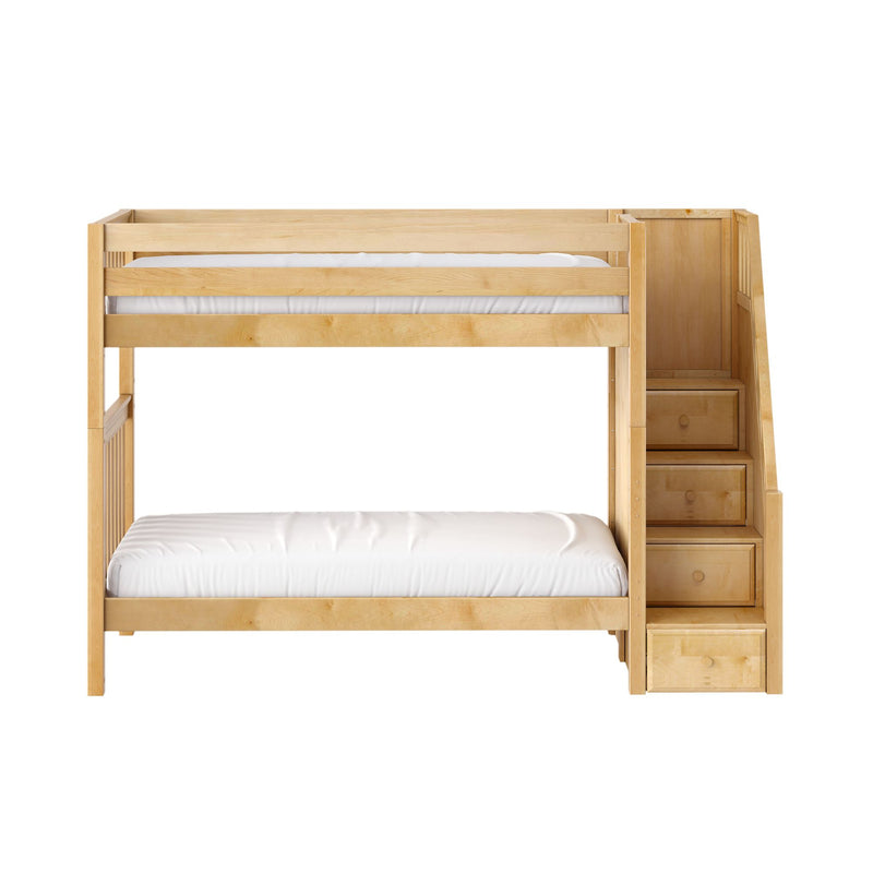 Twin-over-full light wood bunk bed with built-in staircase storage and drawers, white mattresses and modern natural finish