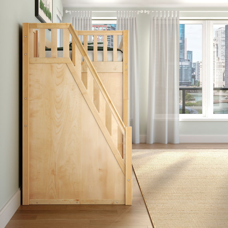 Light natural wood loft bunk bed beside large window with sheer white curtains, neutral rug and city skyline view in a modern bedroom interior