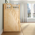 Light natural wood loft bunk bed beside large window with sheer white curtains, neutral rug and city skyline view in a modern bedroom interior
