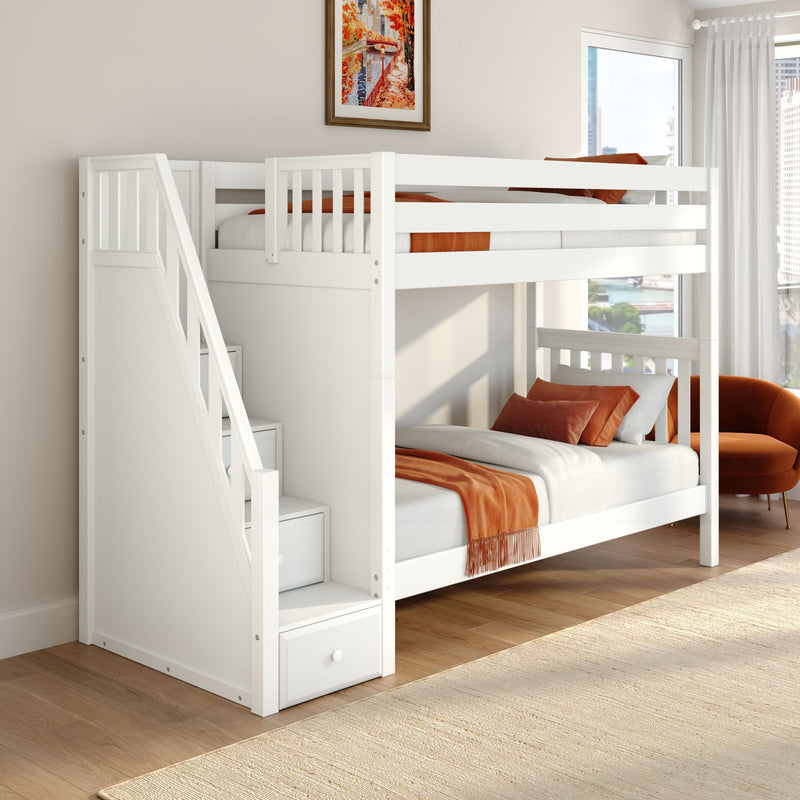 White loft bunk bed with built-in storage stairs and orange bedding in a sunlit modern kids' bedroom with city-view window