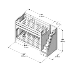 Schematic diagram of wooden twin-over-full bunk bed with staircase and built-in storage, labeled dimensions and measurements (105″ x 43″ x 71″ / 267cm x 108cm x 180cm)