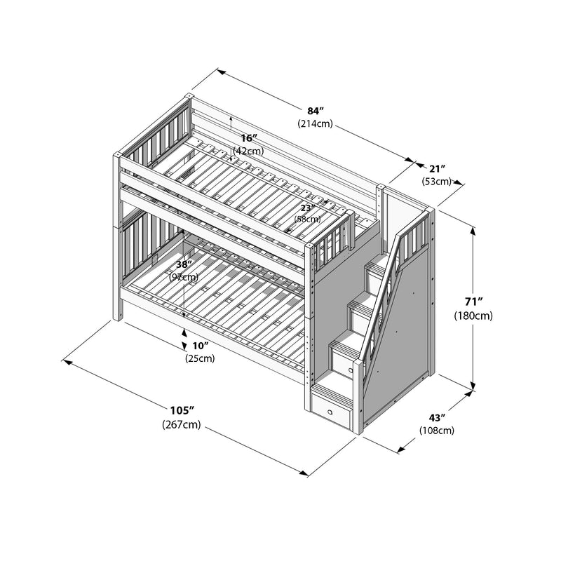 Schematic diagram of wooden twin-over-full bunk bed with staircase and built-in storage, labeled dimensions and measurements (105″ x 43″ x 71″ / 267cm x 108cm x 180cm)