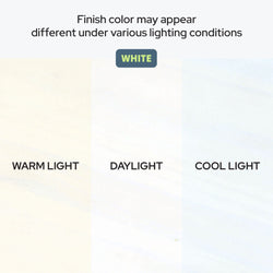 White finish color swatches showing warm light, daylight, and cool light variations with the caption "Finish color may appear different under various lighting conditions.