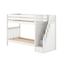 White wooden loft bunk bed with staircase and built-in storage drawers, slatted mattress supports and top guardrail — space-saving modern kids' bedroom furniture