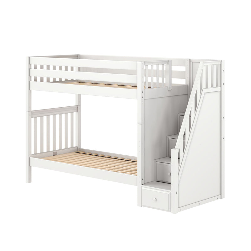 White wooden loft bunk bed with staircase and built-in storage drawers, slatted mattress supports and top guardrail — space-saving modern kids' bedroom furniture