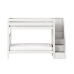 Modern white wooden bunk bed with integrated staircase and storage drawers, space-saving loft bed for kids' bedroom