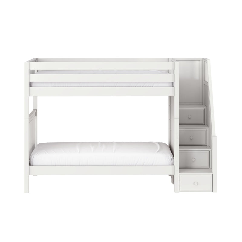 Modern white wooden bunk bed with integrated staircase and storage drawers, space-saving loft bed for kids' bedroom
