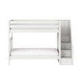 Modern white wooden bunk bed with integrated staircase and storage drawers, space-saving loft bed for kids' bedroom