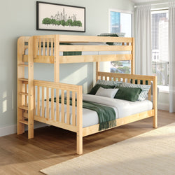 Natural wood bunk bed with built-in ladder and guardrails in a sunlit kids’ bedroom, green bedding and throw, framed city skyline art, hardwood floors and large windows with city view — modern space-saving bedroom furniture