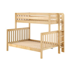 Light natural solid wood twin-over-full bunk bed with ladder, slatted headboards and safety guardrails