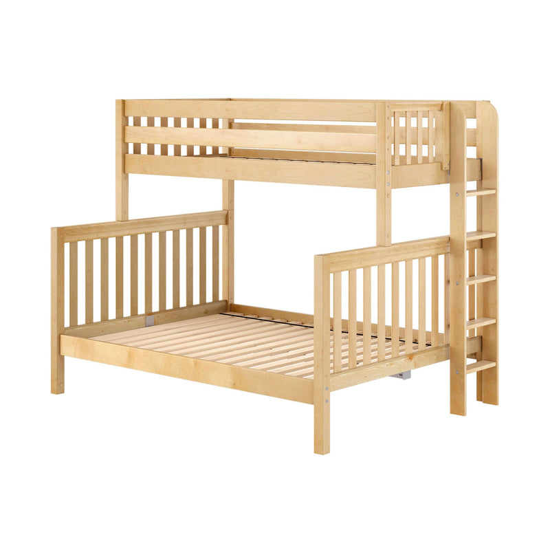 Light natural solid wood twin-over-full bunk bed with ladder, slatted headboards and safety guardrails