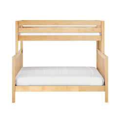 Light natural wood twin-over-twin bunk bed frame with safety guardrails and white mattress