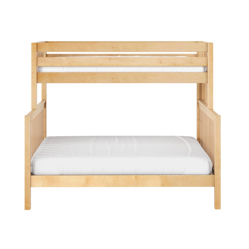 Light natural wood twin-over-twin bunk bed frame with safety guardrails and white mattress