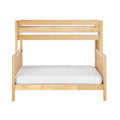 Light natural wood twin-over-twin bunk bed frame with safety guardrails and white mattress