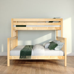 Natural wooden bunk bed with green bedding and patterned pillows in a minimalist sunlit bedroom — modern solid wood frame ideal for kids