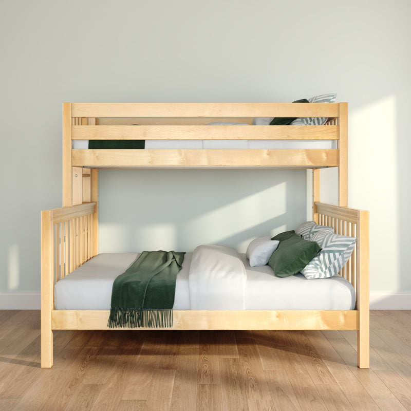 Natural wooden bunk bed with green bedding and patterned pillows in a minimalist sunlit bedroom — modern solid wood frame ideal for kids