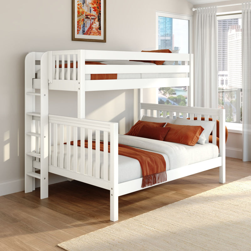 White wooden twin-over-full bunk bed with rust-orange bedding in a bright modern kids' bedroom with hardwood floors, ladder, safety rails and city-view windows