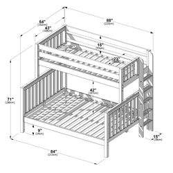 Bunk bed dimensions diagram: two-level wooden bunk bed assembly drawing with ladder, guardrails and measurements in inches and centimeters.