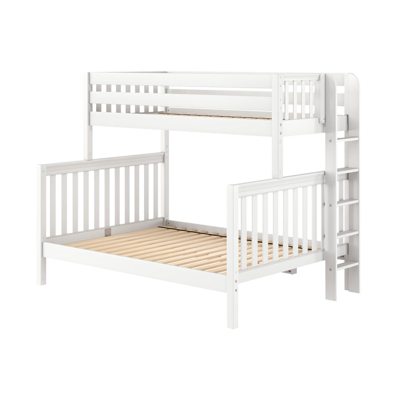 White wooden twin-over-full convertible bunk bed with slatted mattress platforms, safety guardrails and integrated ladder — modern children's loft bed design