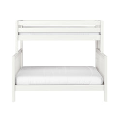 White wooden loft bunk bed with upper safety guard rails and white mattress, modern children's bunk/loft bed for nursery or kids' bedroom
