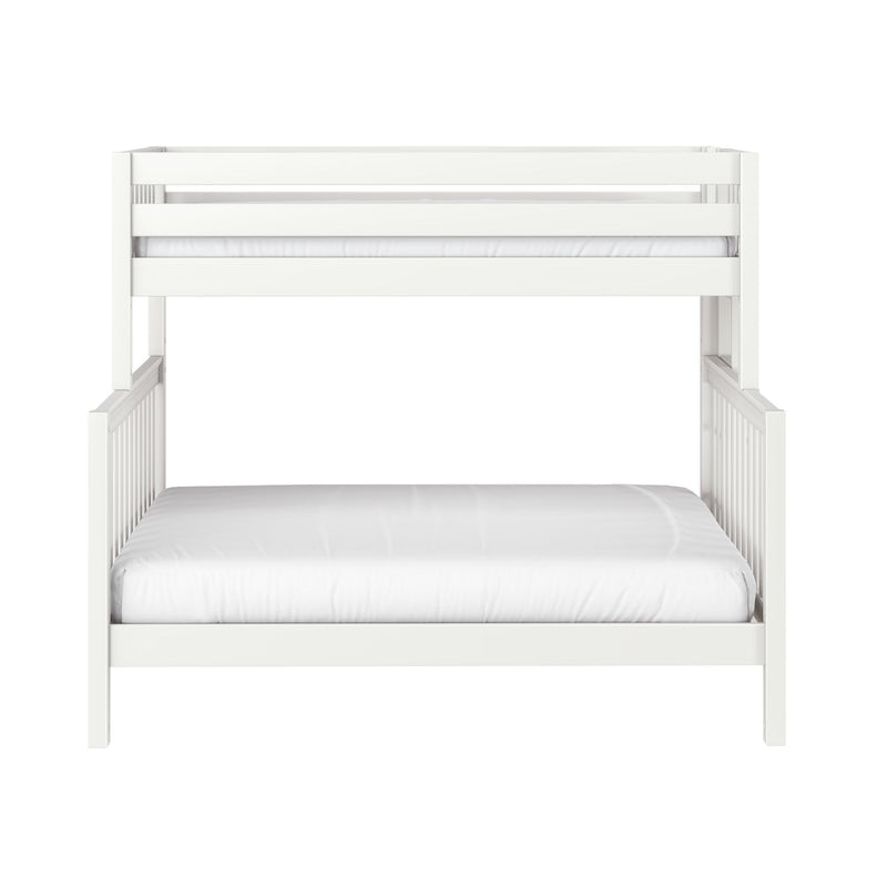 White wooden loft bunk bed with upper safety guard rails and white mattress, modern children's bunk/loft bed for nursery or kids' bedroom