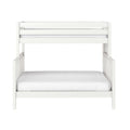 White wooden loft bunk bed with upper safety guard rails and white mattress, modern children's bunk/loft bed for nursery or kids' bedroom