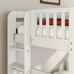 Close-up of white wooden bunk bed safety rail and ladder with beige mattress and rust-orange blanket in modern nursery