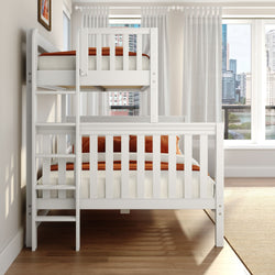White wooden bunk bed with ladder and rust-orange bedding in a modern kids' bedroom with sheer curtains and city skyline view