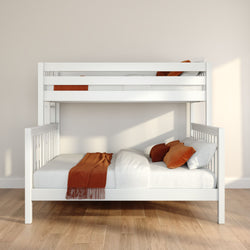 White wooden bunk bed with orange pillows and rust throw blanket in a modern minimalist kids' bedroom on hardwood floor