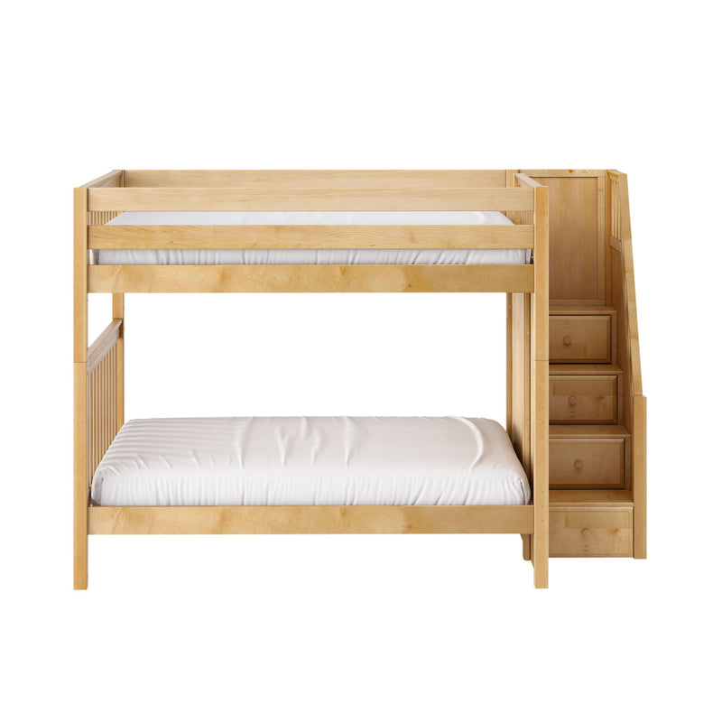 Natural maple solid wood twin-over-full bunk bed with staircase and built-in drawers, white mattresses and slatted guardrail