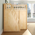 Light natural wood loft bed with integrated ladder and safety rails in a modern apartment bedroom featuring large windows and a city skyline view
