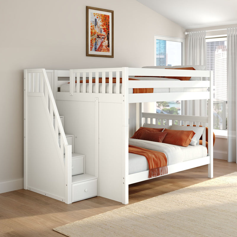 White wooden loft bunk bed with stair storage and rust-orange bedding in a bright modern kid's bedroom with framed autumn city artwork, large window city skyline view, hardwood floors and neutral walls