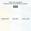 Chart showing white finish variations under warm light, daylight, and cool light with note "Finish color may appear different under various lighting conditions