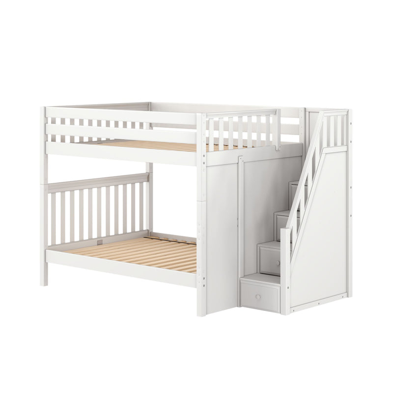 White wooden bunk bed with staircase and built-in storage drawers, slatted mattress bases, modern kids loft bed
