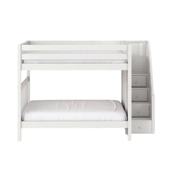 White wooden bunk bed with built-in staircase storage drawers and safety rails, modern kids' bedroom furniture