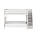 White wooden bunk bed with built-in staircase storage drawers and safety rails, modern kids' bedroom furniture