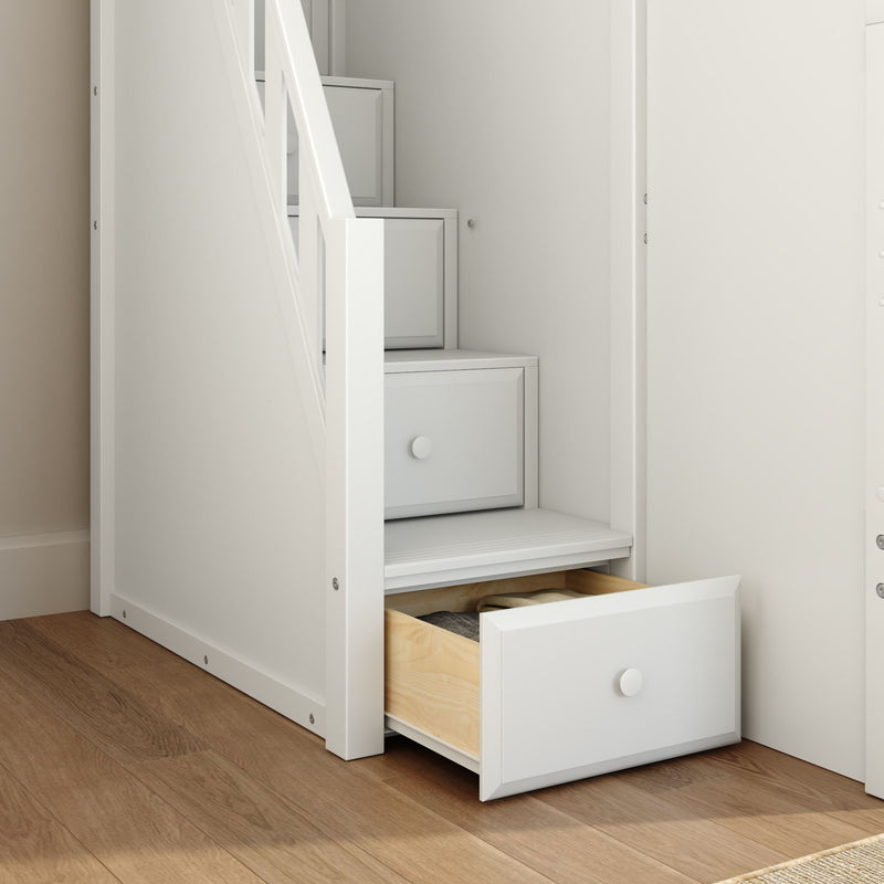 White wooden staircase with built-in under-stair storage drawers, space-saving design with open drawer revealing folded clothes on hardwood floor