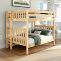 Solid light-wood twin-over-full bunk bed with green bedding and ladder in modern kids' bedroom by city-view window
